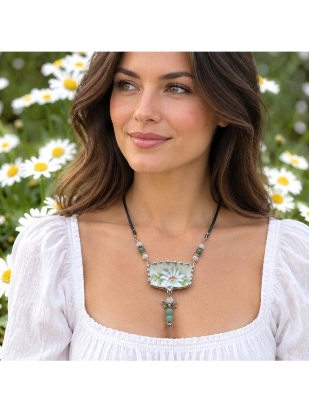 Broken China Daisies Pendant Jade Dragonfly Moonstone & Green Aventurine Leather